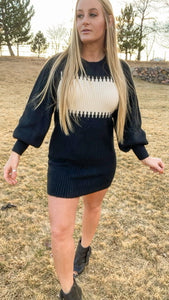Ladies Cozy Knit Black And White Sweater Dress
