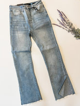 Ladies Light Wash Straight Leg Jeans With Side Hem Slit