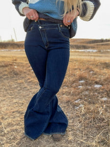 Ladies Asymmetrical Dark Wash Bell Bottom Jeans
