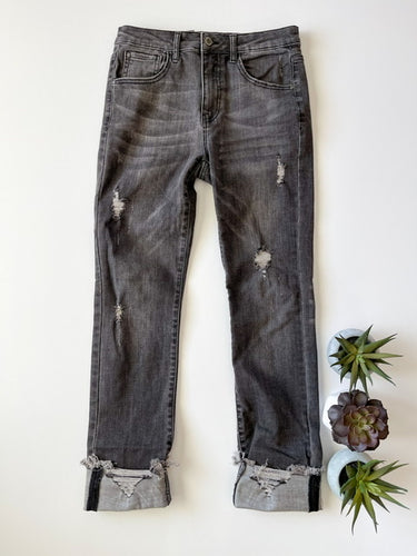 Ladies Charcoal Grey Distressed Skinny Jeans