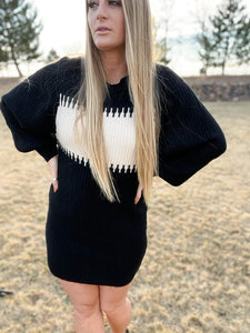 Ladies Cozy Knit Black And White Sweater Dress